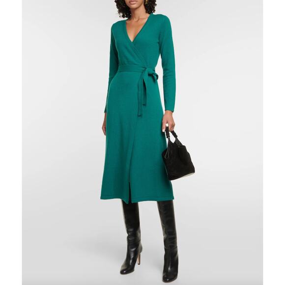 Diane Von Furstenberg Astrid Wrap Dress Midi Knit Wool Cashmere Emerald Green S - Picture 1 of 13